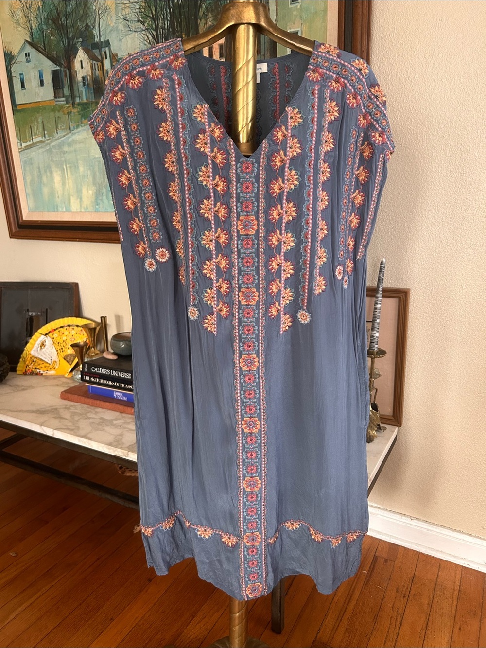 Sundance Slate Blue Silk Dress with pink Embroidery